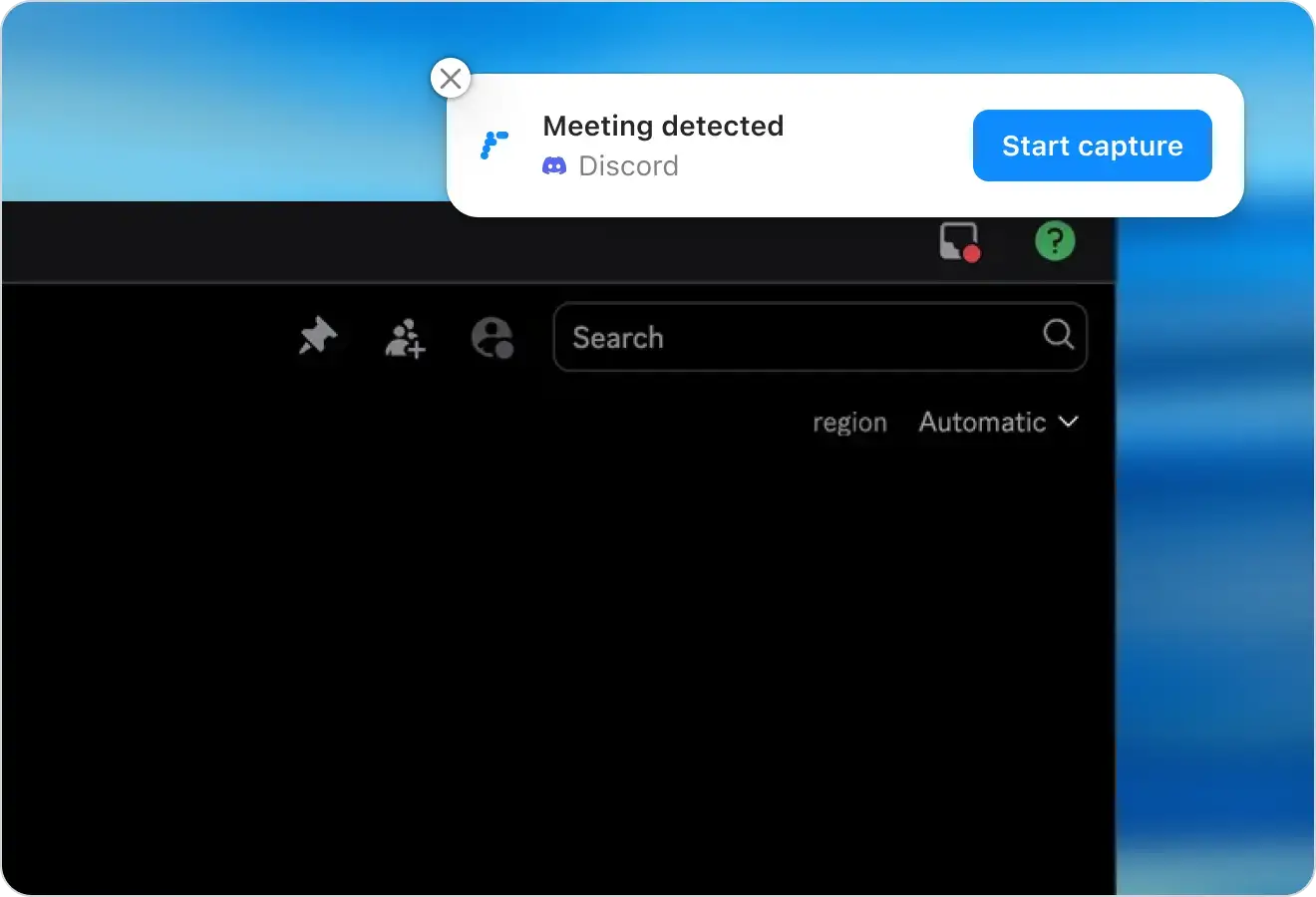 Radiant notification detecting an active Discord meeting and prompting the user to start capture, shown as a small floating window on Mac.