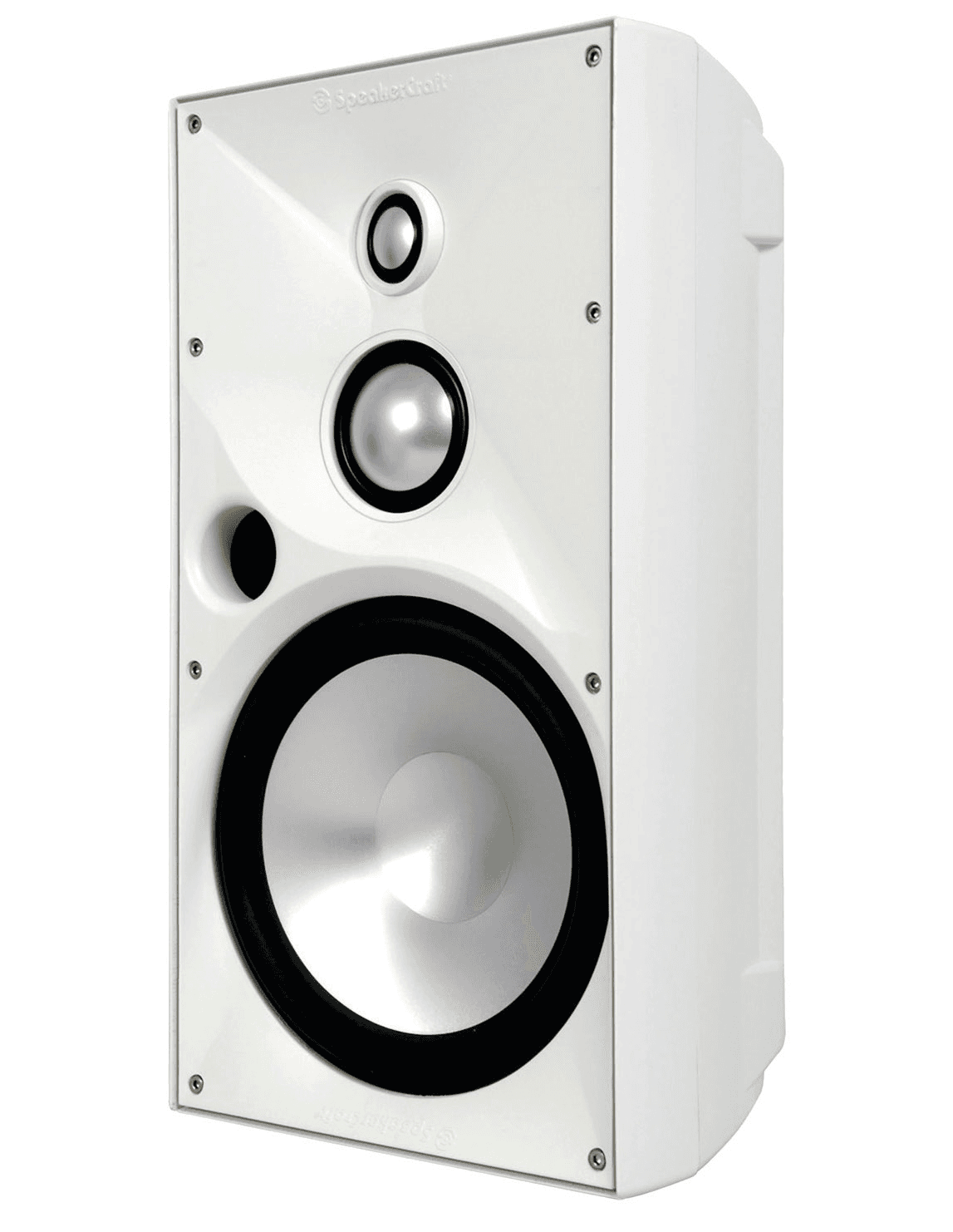 White outdoor speaker with two tweeters and one woofer.