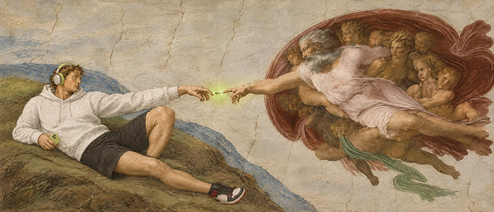 The Creation of Adam reimagined: a young man in a hoodie and headphones reaches toward God's hand, a lime spark between their fingers