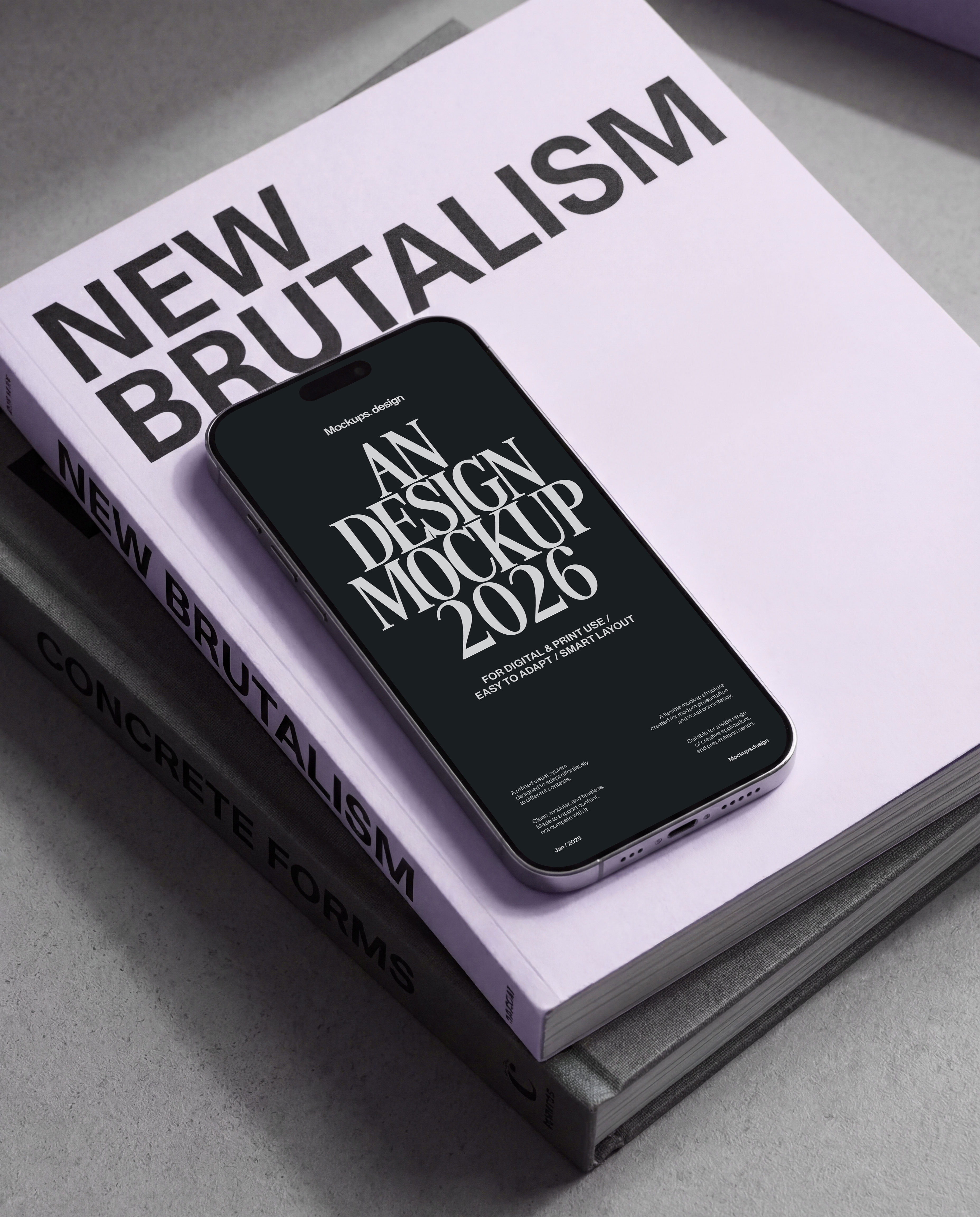 iPhone 16 mockup resting on book, casual flat lay scene