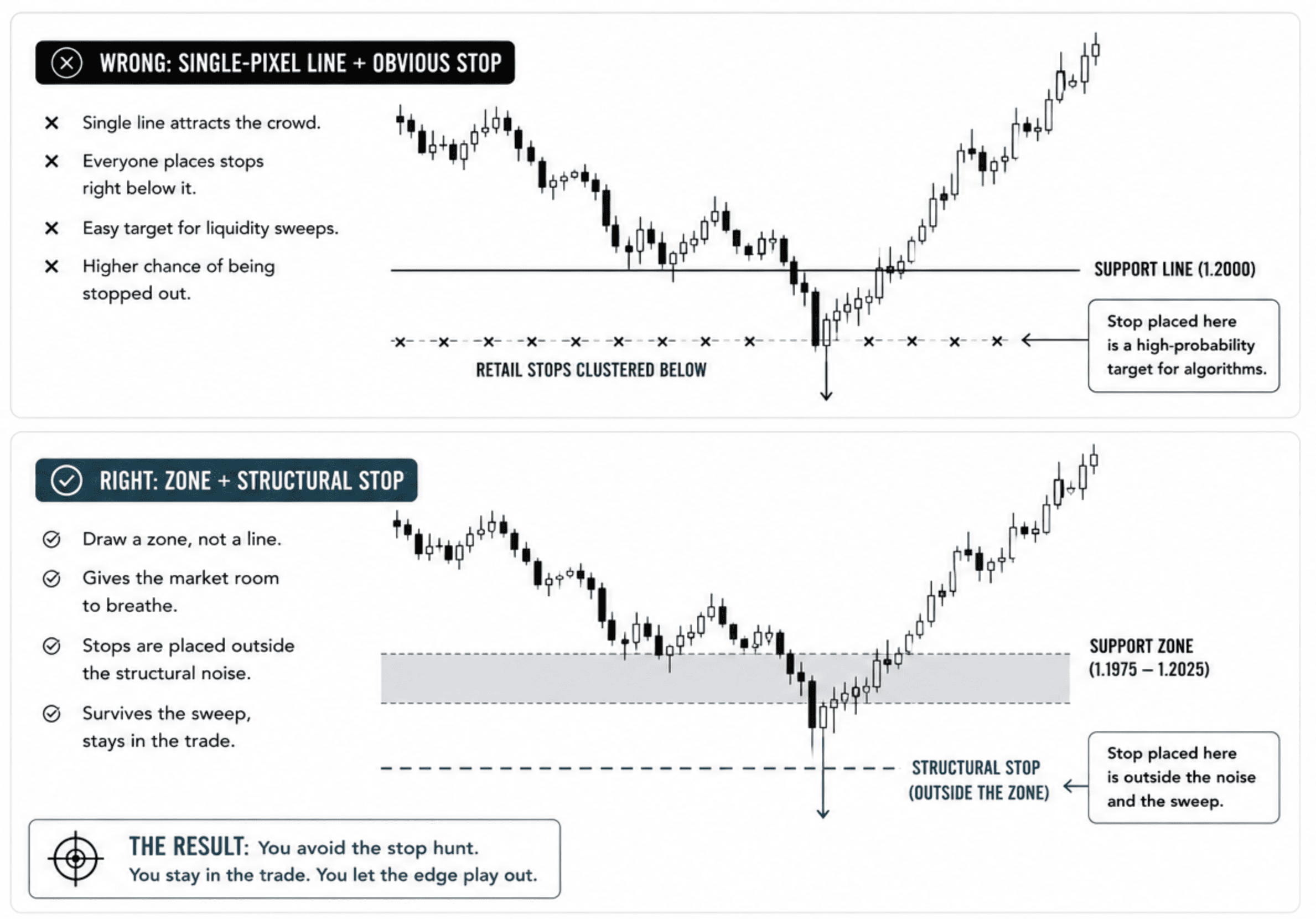 Trading infographic comparing poor stop-loss placement versus proper stop-loss placement. The top example shows a stop placed directly below a support line where a liquidity sweep triggers the stop before price reverses higher. The bottom example shows support drawn as a zone with the stop placed outside the structural noise, allowing the trade to survive the sweep and continue upward.