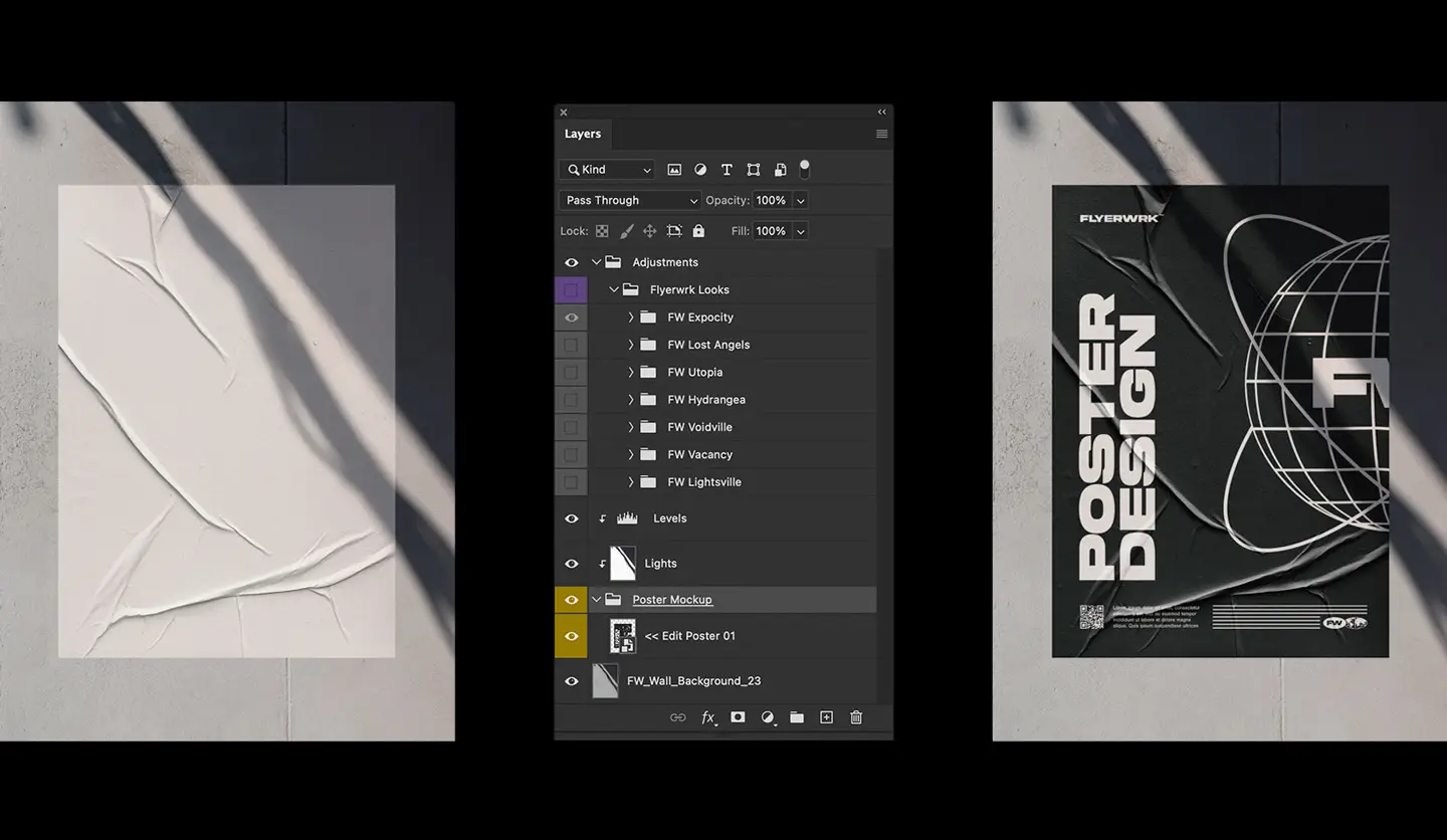 Urban poster wall mockup smart object editing interface shown inside Photoshop layers