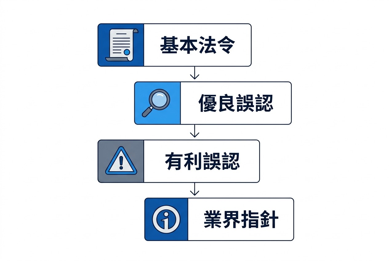 景表法ガイドラインは基本法令→優良誤認指針→有利誤認指針→業界別指針の4層構造。運用型広告では上位3つの理解が必須で、業界指針は補足的に参照する。