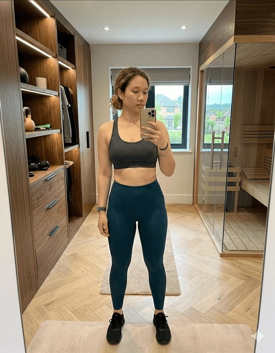 Anastecia after fitness transformation – front view mirror selfie showing toned and slimmer figure in grey sports bra and teal leggings