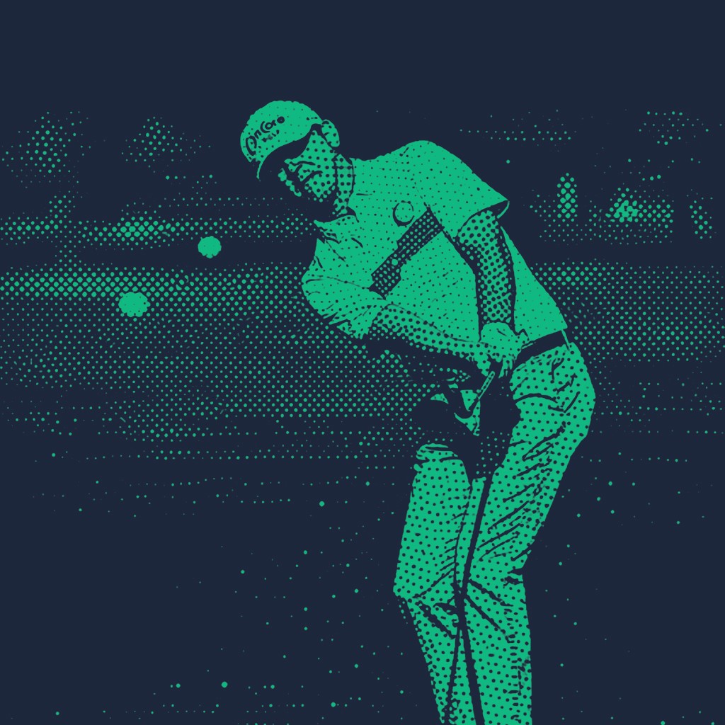 Stylized high-contrast emerald and slate blue halftone illustration of a golfer mid-swing, representing the Birdie Lab data-driven approach to golf performance tracking and swing consistency.