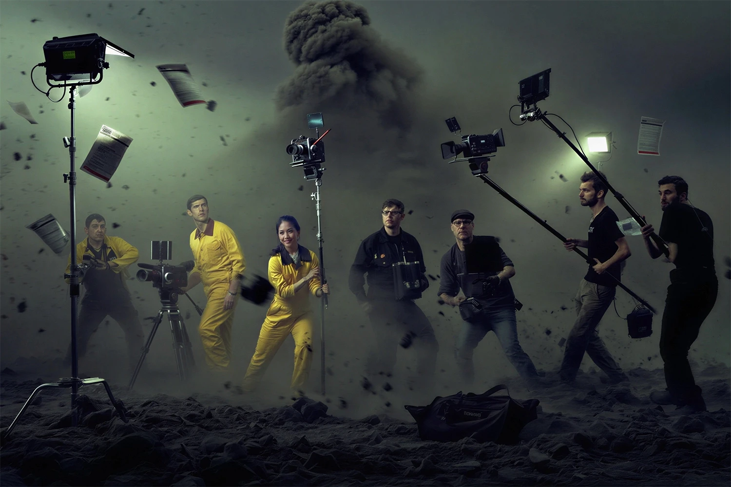 Film production set with crew members and camera equipment capturing a scene