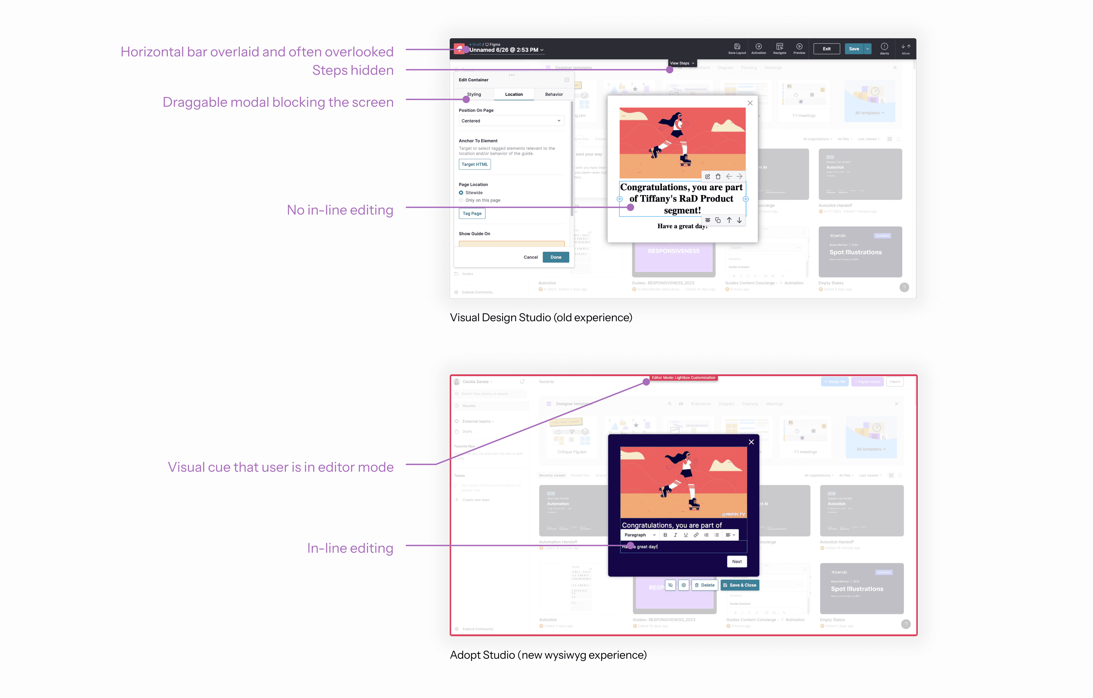 Comparison of screenshots from the Pendo Visual Design Studio compared to the new Pendo Adopt Studio guide building experience