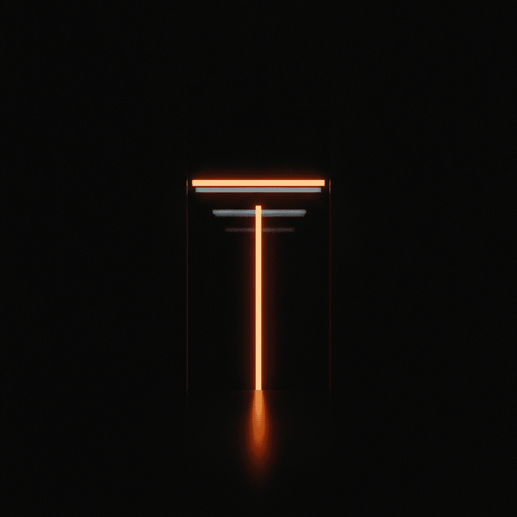 Single thin vertical line of orange light against deep black void with faint atmospheric haze