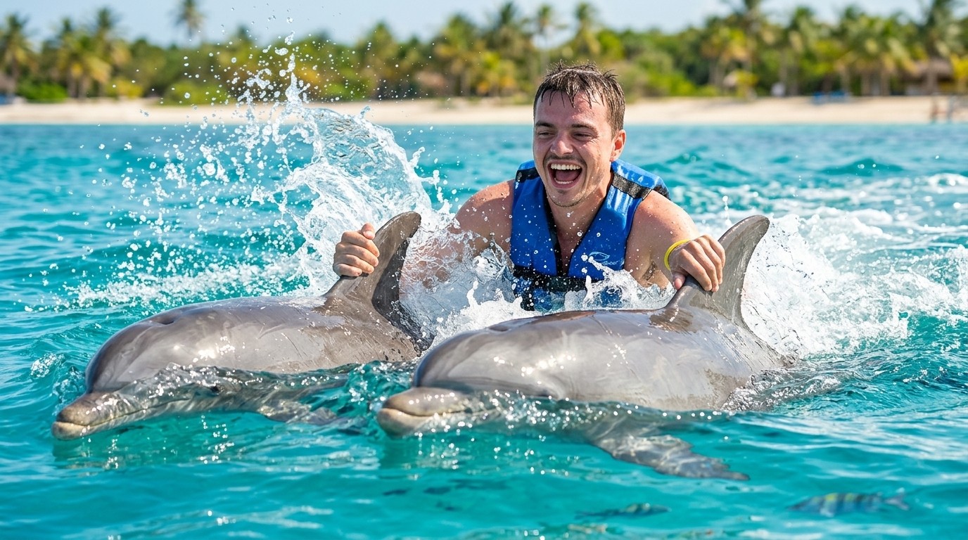 Joyful man in a life vest riding two dolphins in tropical water.