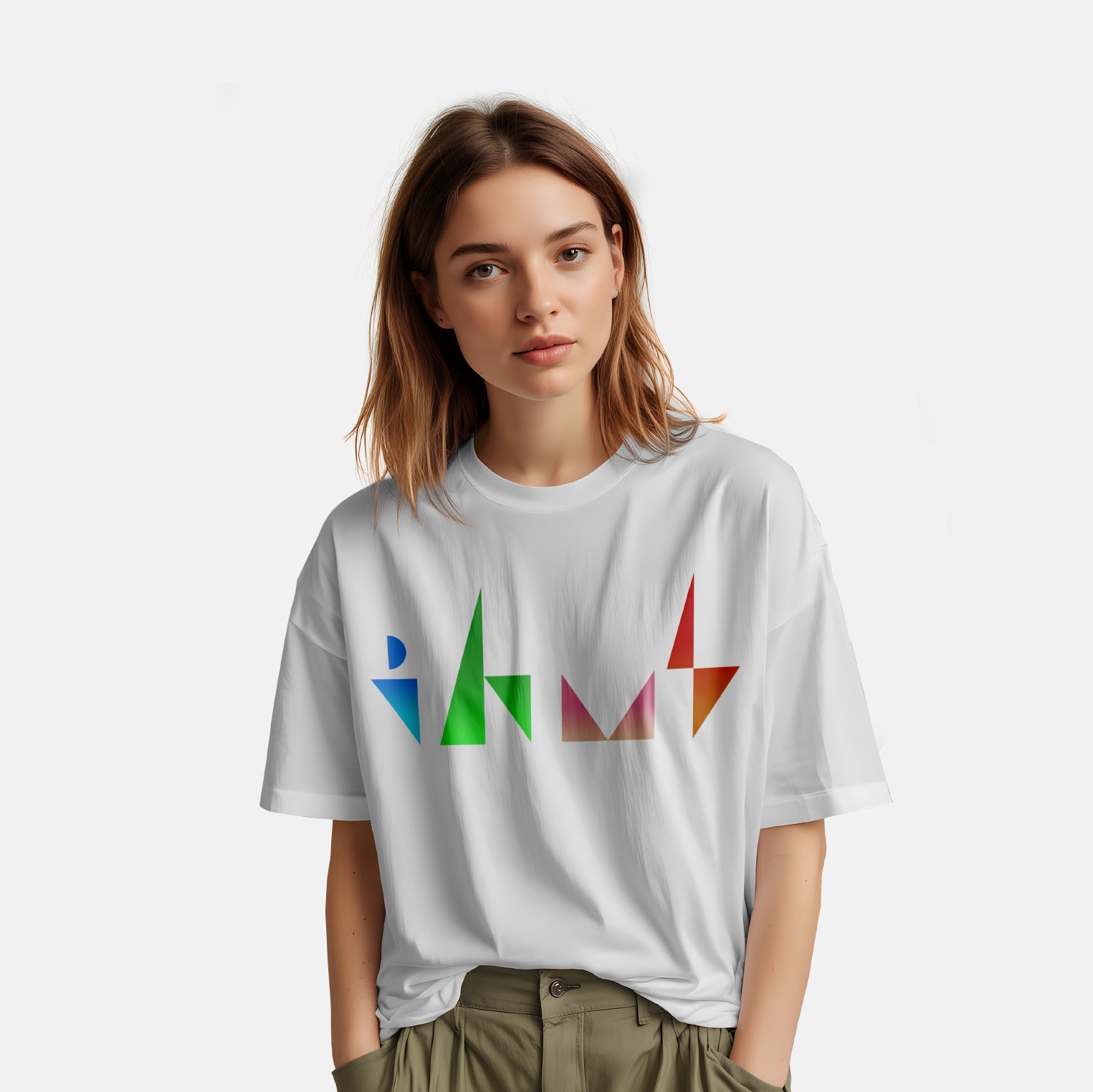 Young woman wearing a white t-shrit with IHMS logo