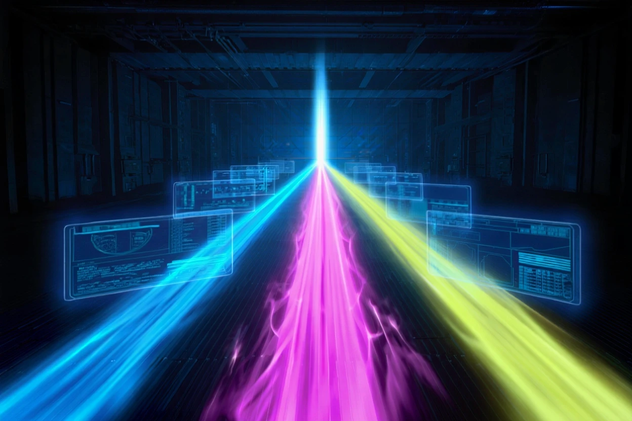 Abstract diagram illustrating ISP bonding technology showing multiple carrier connections aggregated for reliability and speed