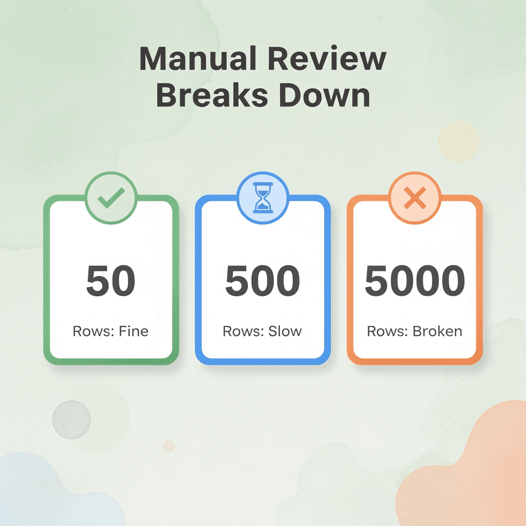 Stats infographic showing manual review scalability breaking down at 50, 500, and 5000 rows