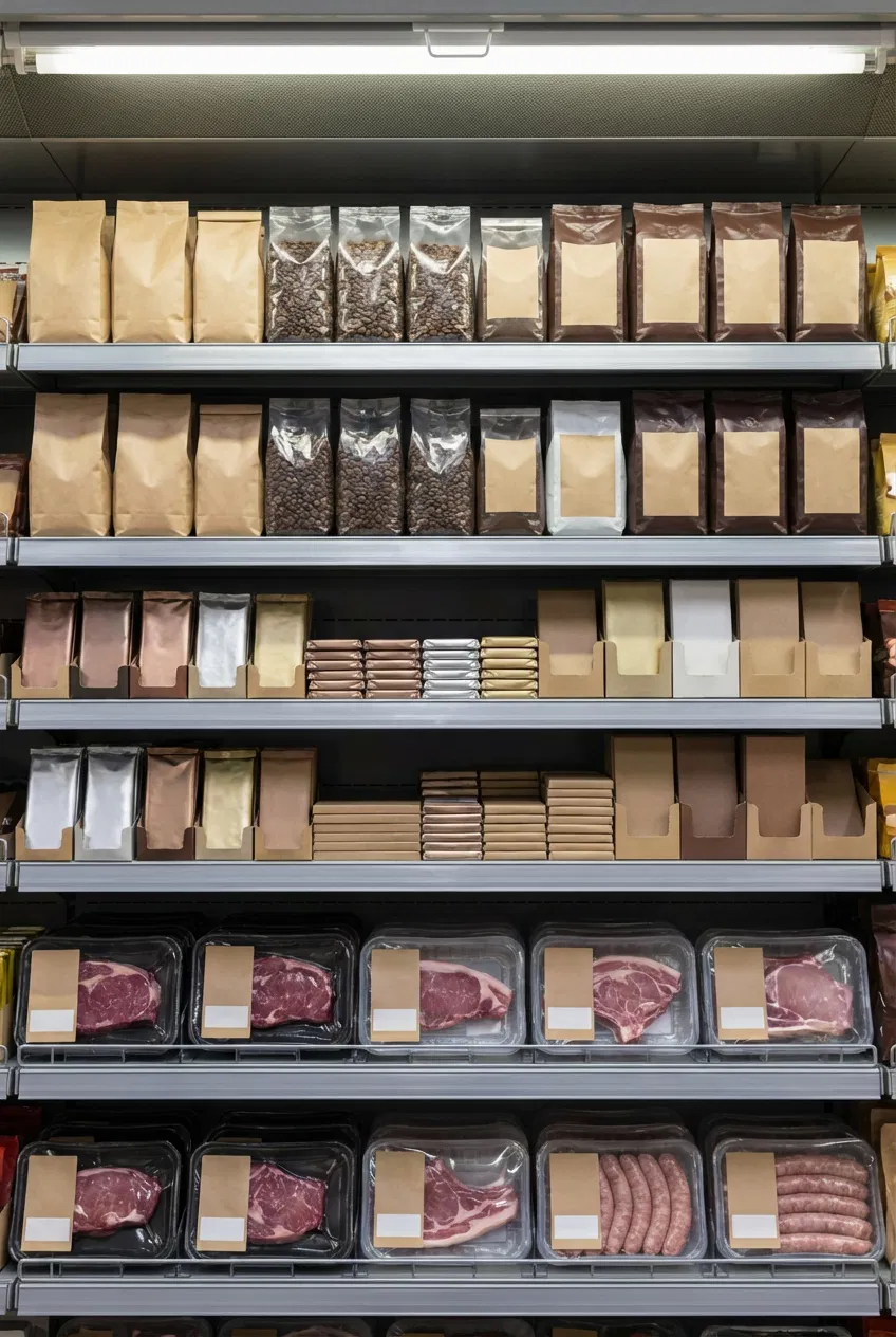 Coffee chocolate and meat products on a supermarket shelf