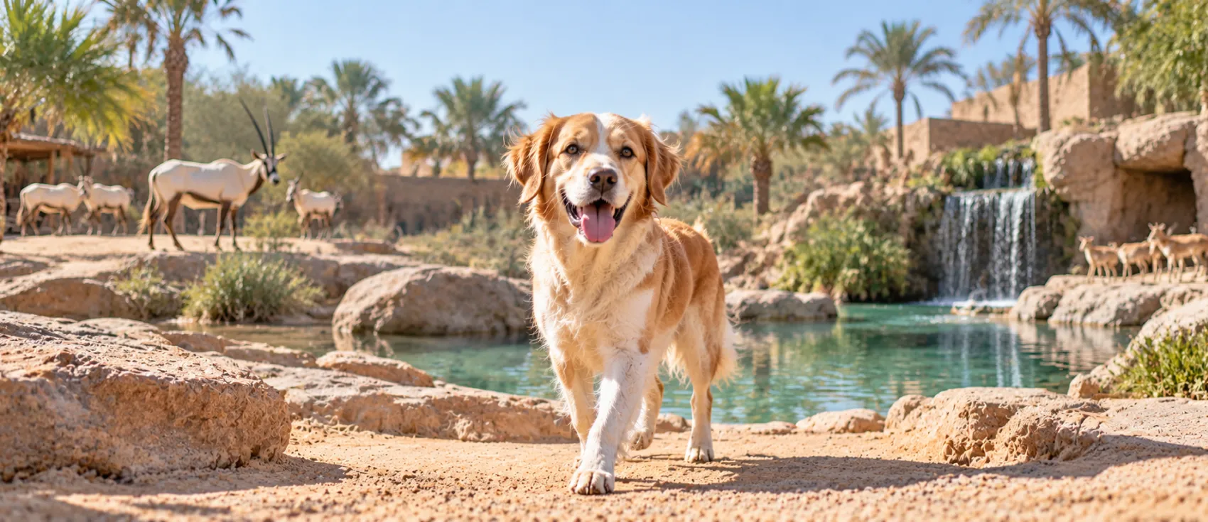 A Golden Retriever walking through a desert park with oryx and a waterfall in the background.