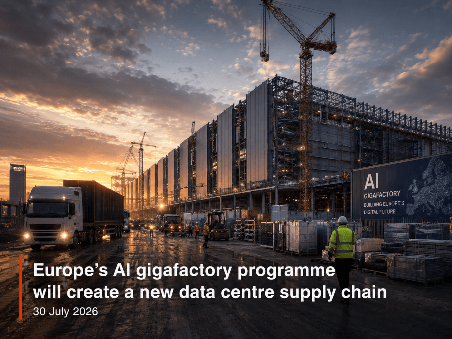 AI gigafactory under construction with cranes and delivery vehicles