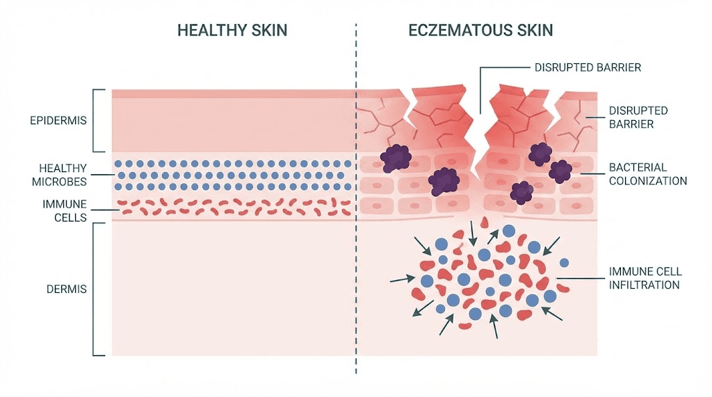 Eczema skin barrier breakdown compared to healthy skin diagram