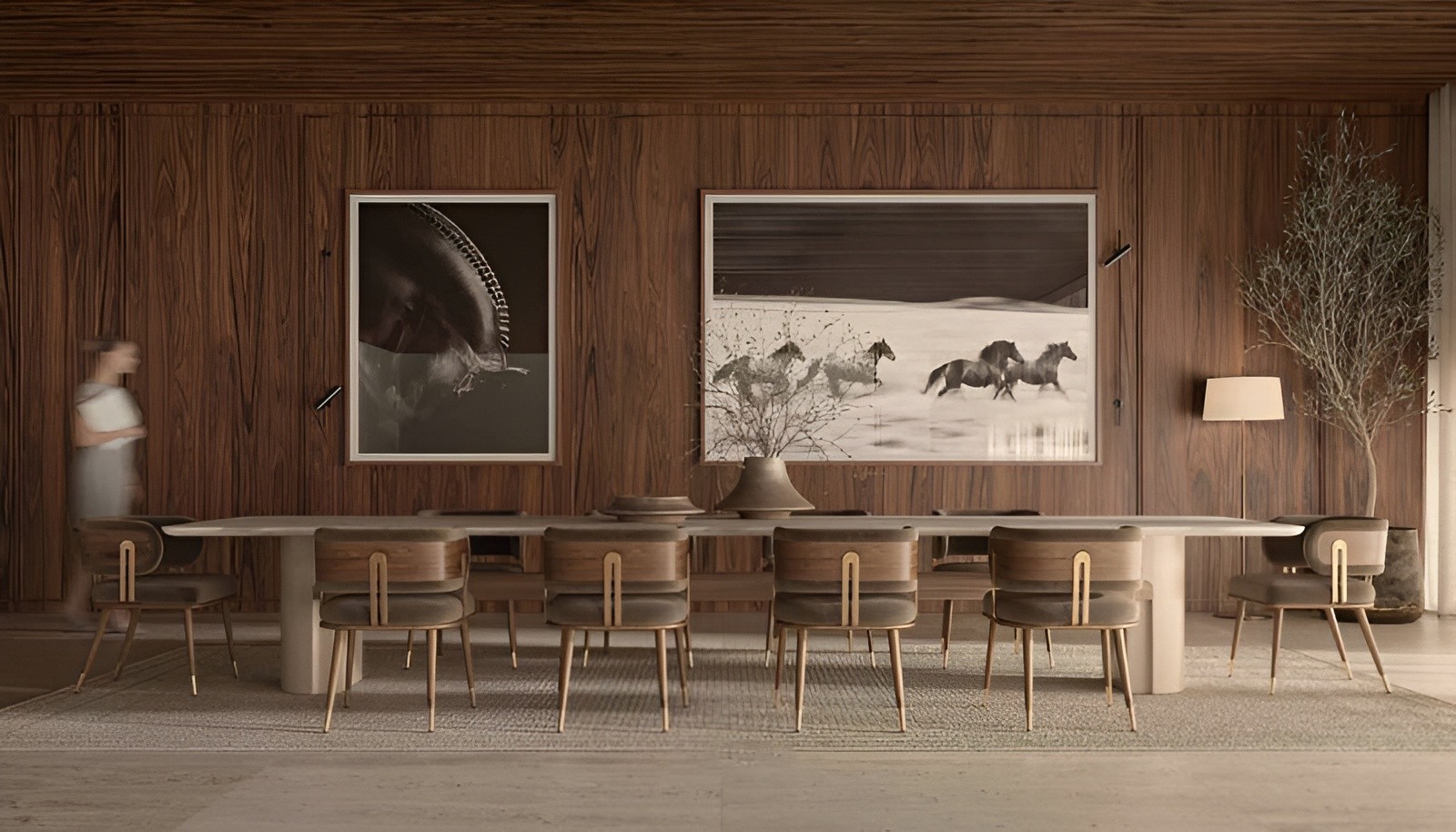 A dining room featuring wood paneling and a large painting, located in Equestra at Grand Polo.