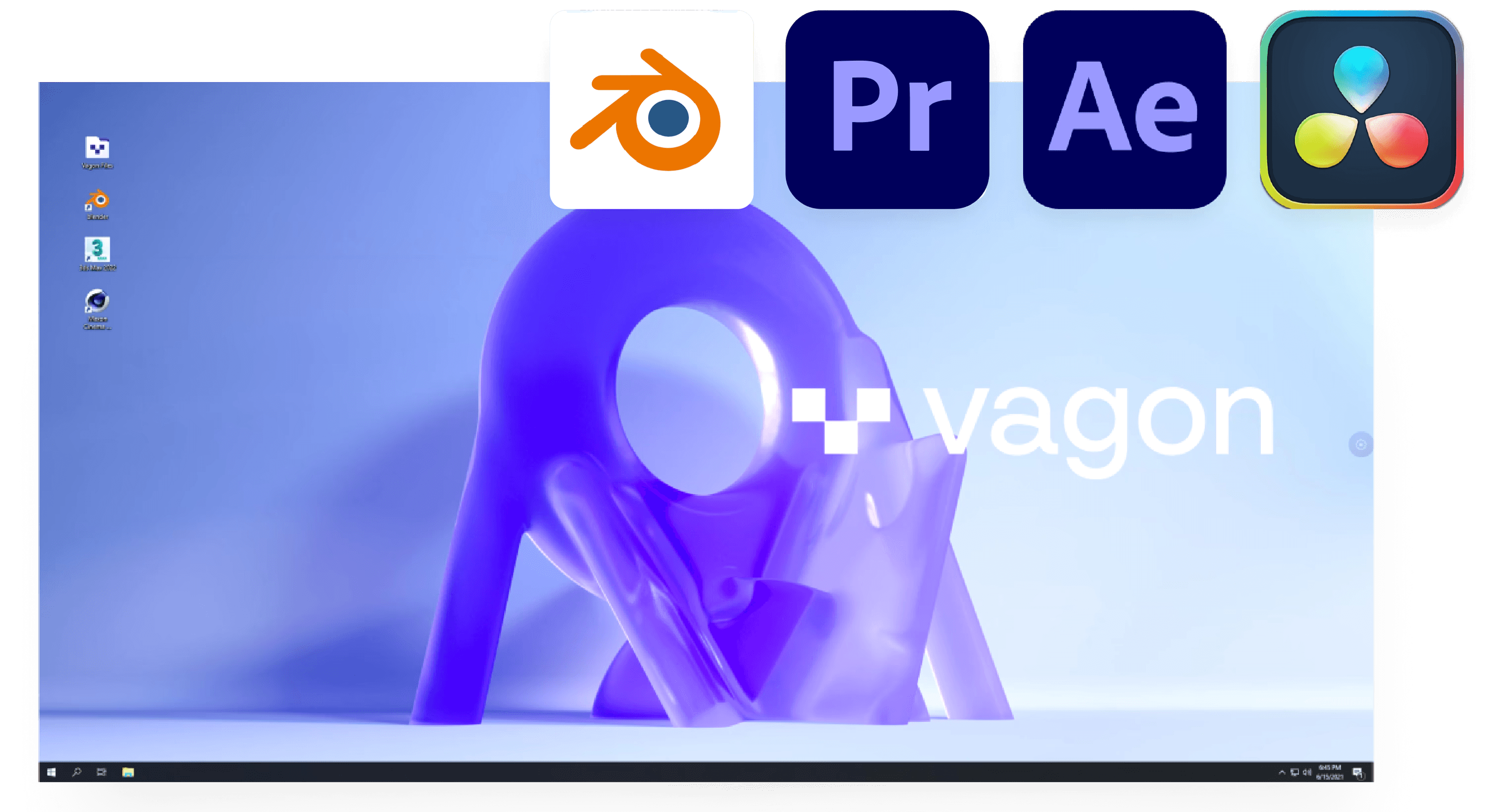 Vagon cloud desktop interface with creative app icons Blender, Premiere Pro, After Effects, and DaVinci Resolve