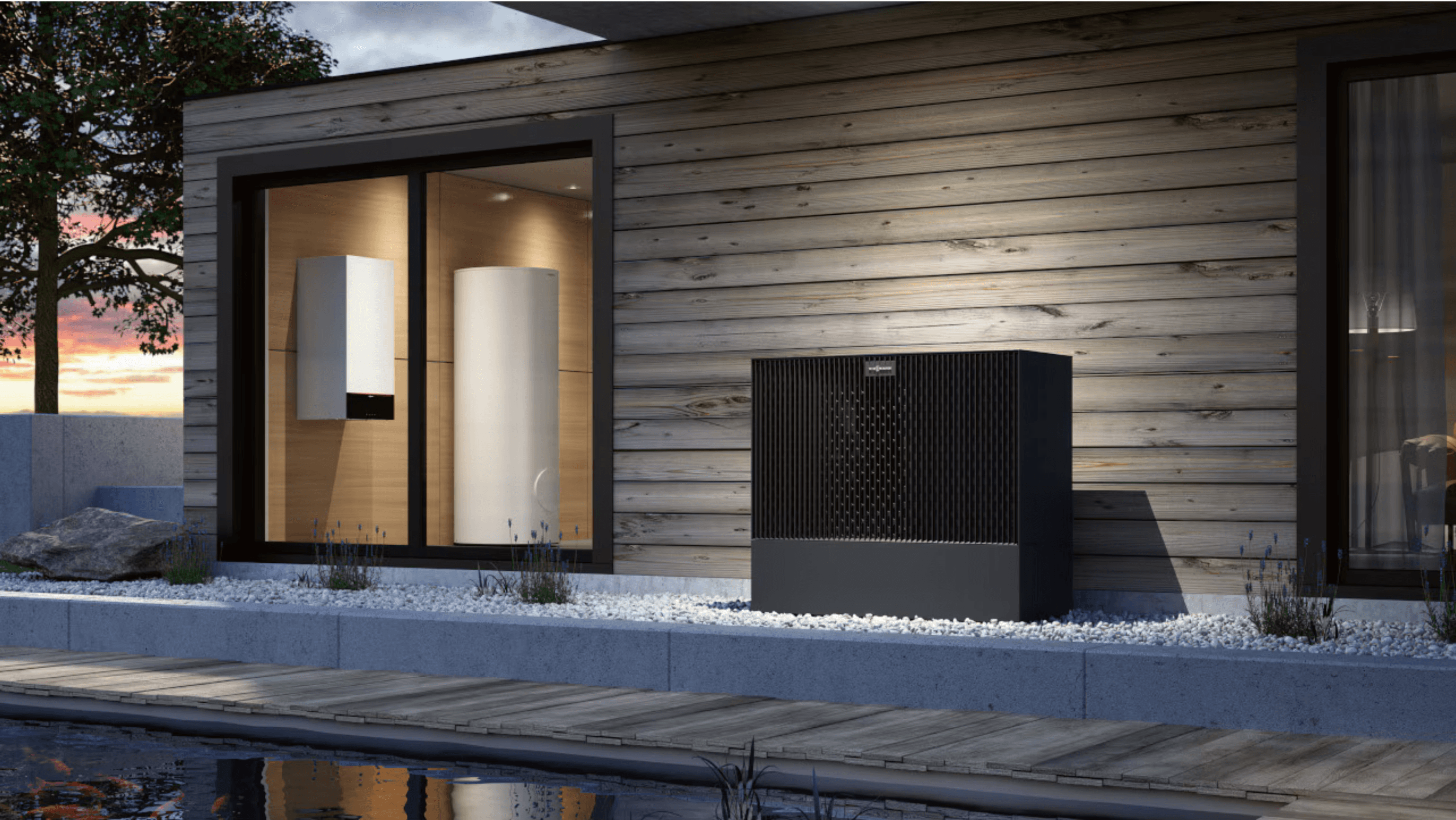 Moderne Luft-Wasser-Wärmepumpe mit Inneneinheit und integriertem Warmwasserspeicher im Einfamilienhaus – effiziente Heizlösung mit Buderus Wärmepumpensystem für nachhaltiges Heizen.