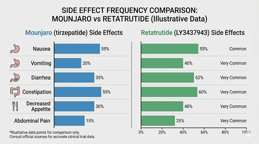 Retatrutide vs Mounjaro side effects frequency comparison chart
