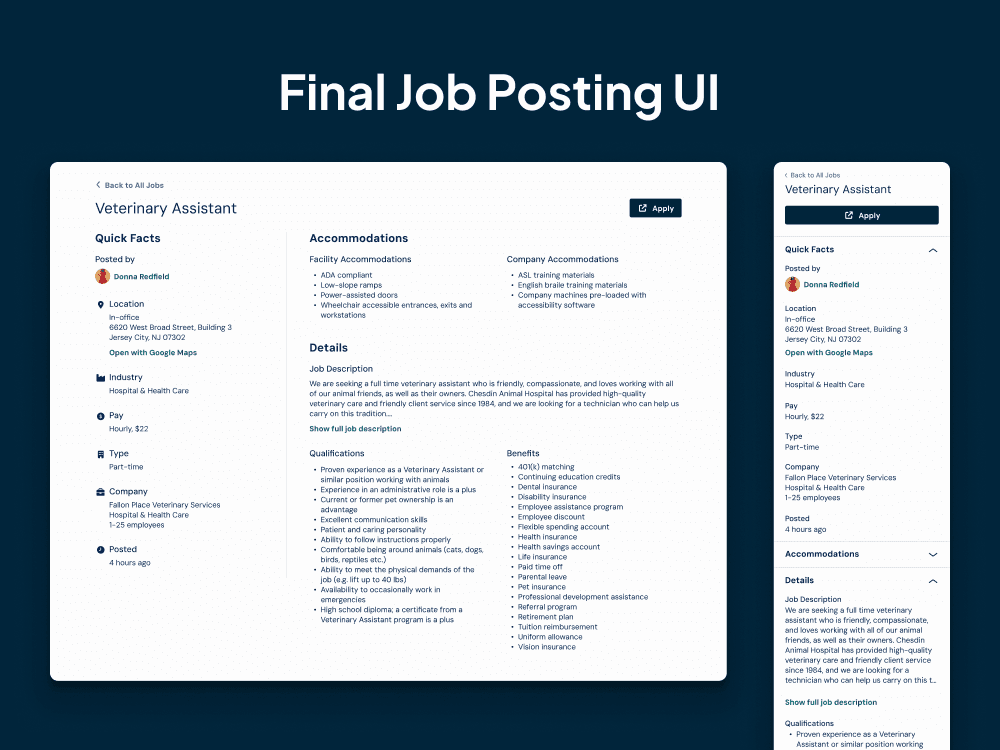 The final desktop and mobile designs of the new post page that candidates use to review and apply for job opportunities.