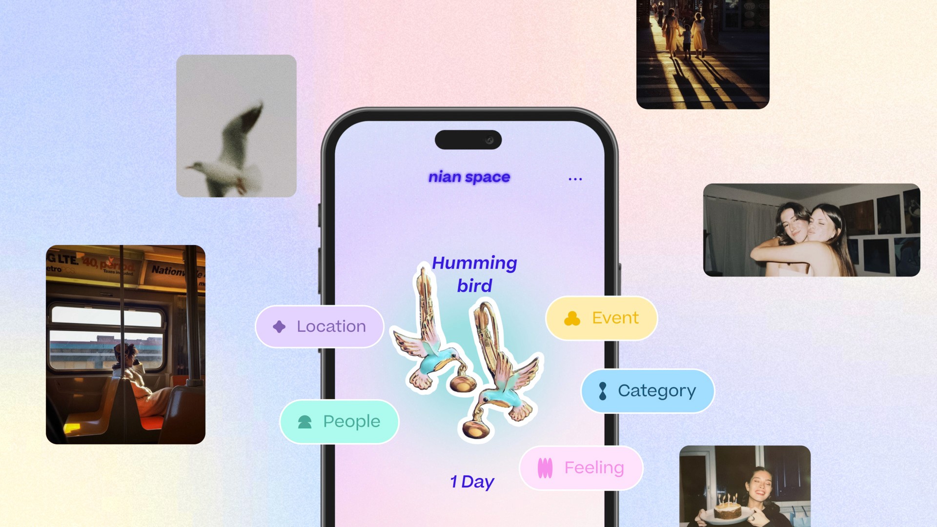 A smartphone displays a colorful interface titled “nian space” with the words “Humming bird” beneath it. Two stylized hummingbird illustrations are centered on the phone’s screen. Around the phone are six smaller images: a bird in flight, a person on a train, a couple embracing, a woman in a kitchen, a couple embracing under a chandelier, and a woman holding a cake. The background transitions from light blue to pinkish-orange.