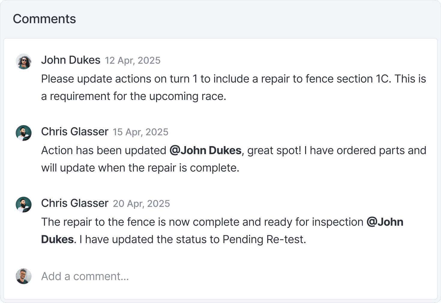 Comments module from desktop app showing conversation thread