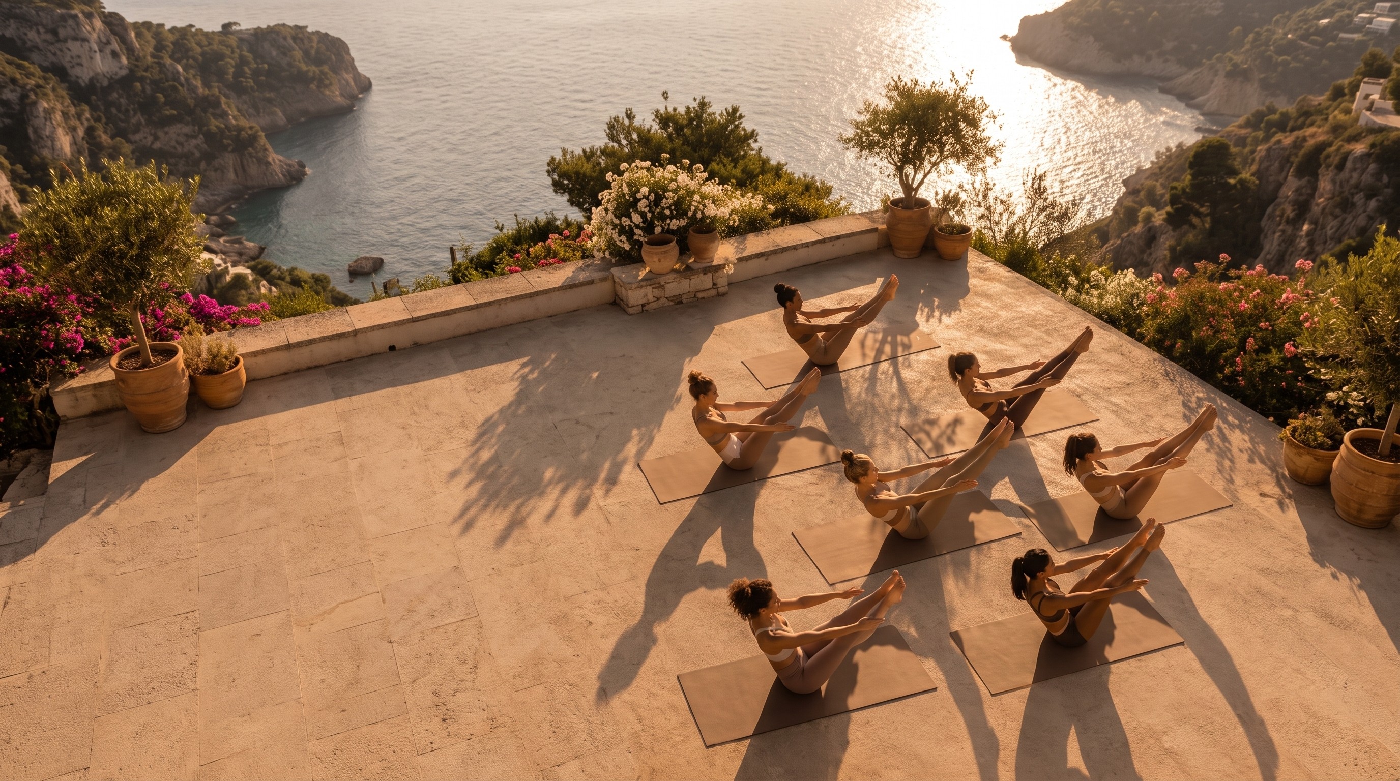 Women practicing mat Pilates on a sunlit coastal terrace overlooking the sea