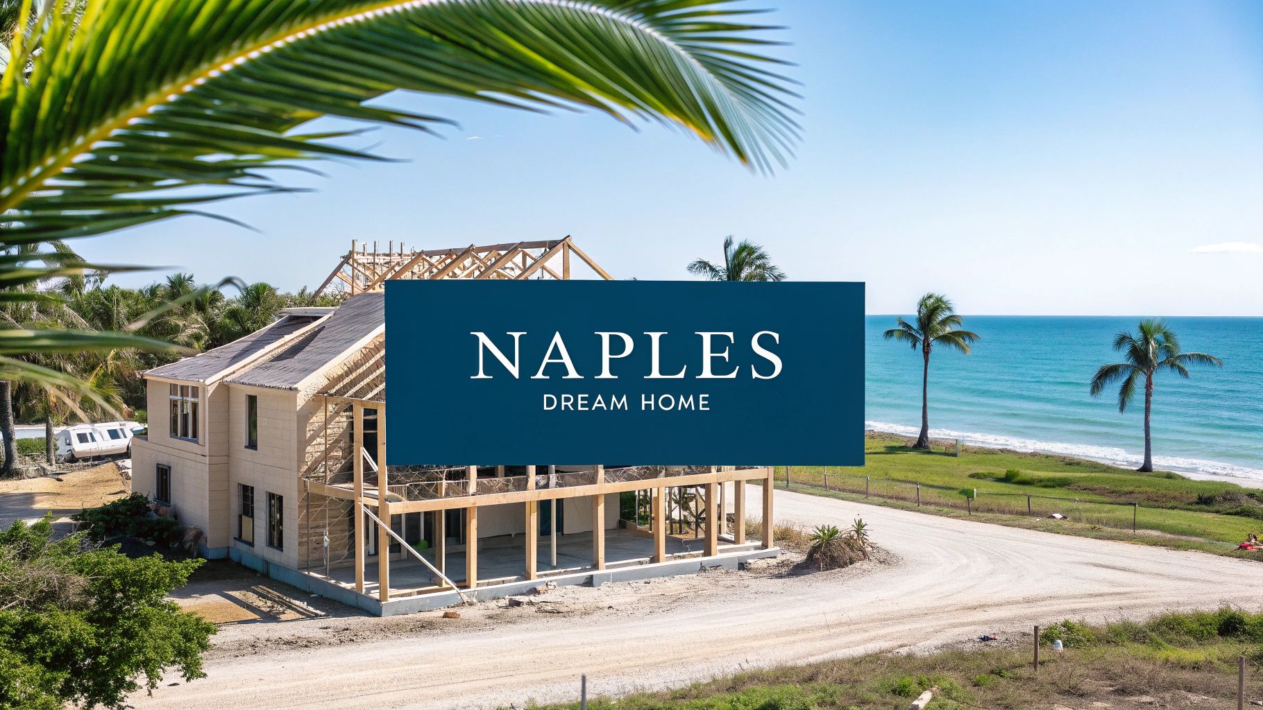 a blue text box reading 'naples dream home' with a frame of a house being built in the background next to the beach and ocean