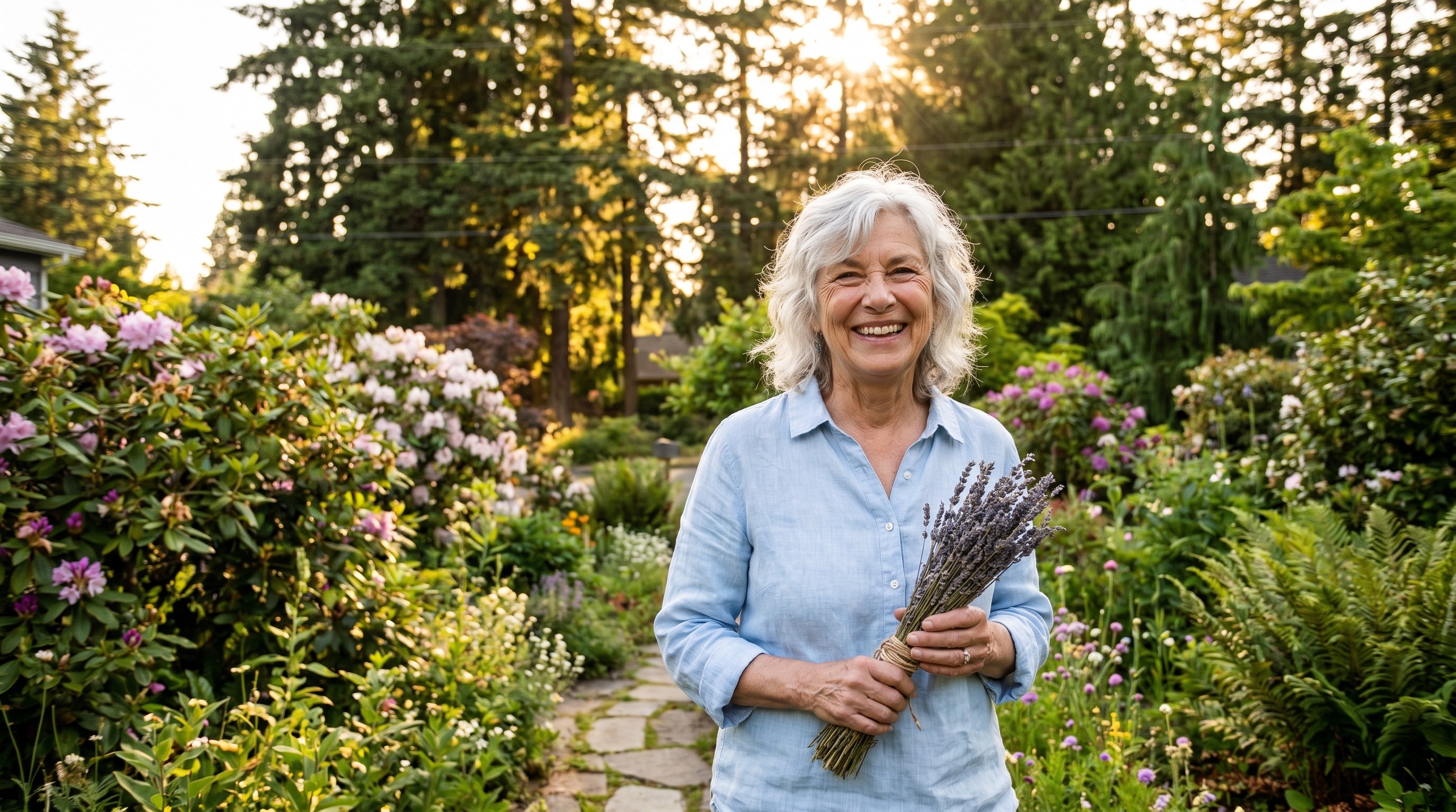 Older woman with silver hair smiling while walking through a sunlit garden in late afternoon