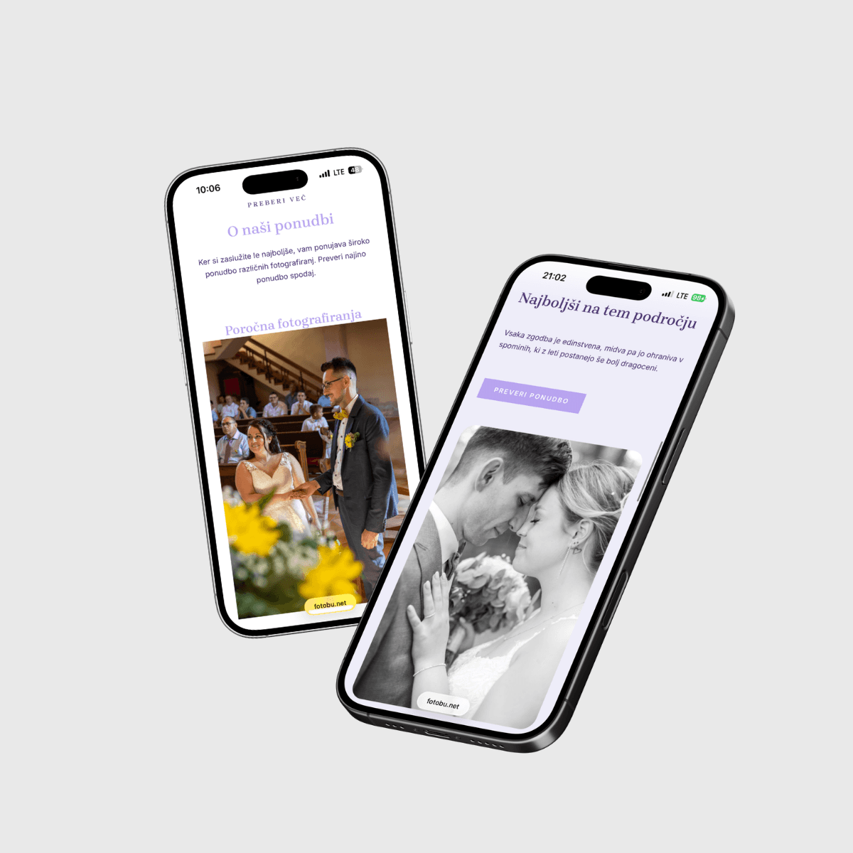 FotoBU website shown on two smartphones with wedding photography sections.
