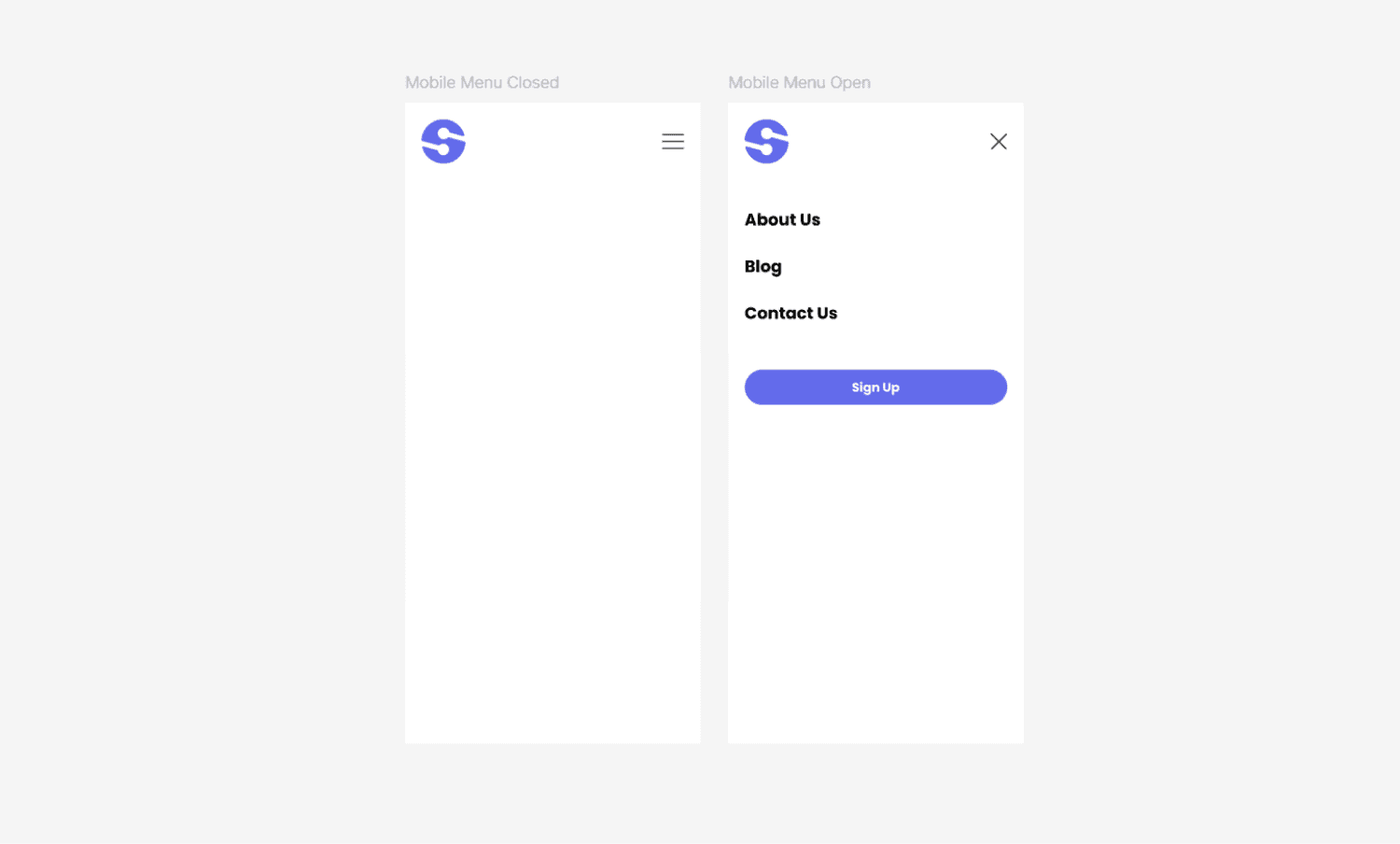 Mobile responsive navigation bar designs in Figma with open and closed states.