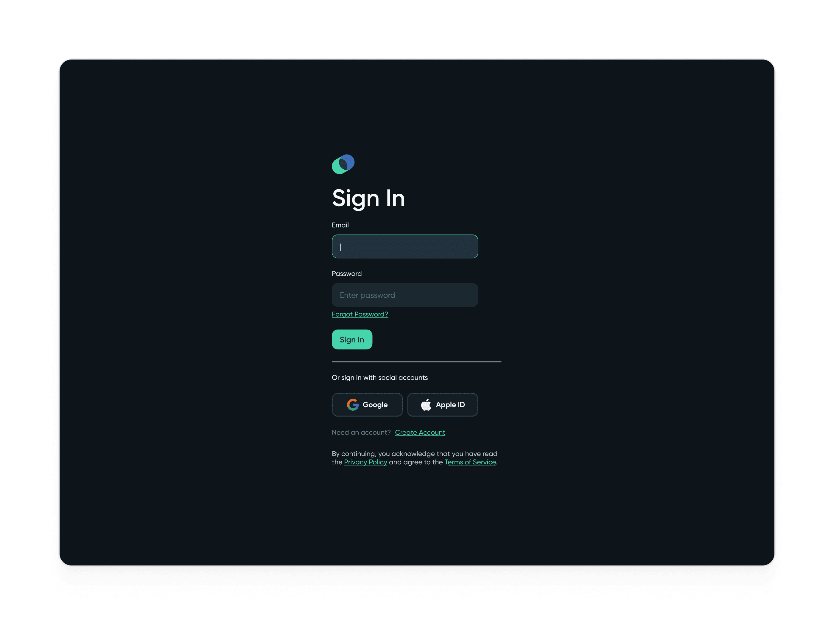 Sign-in page with email, password fields, and Google and Apple ID login options.