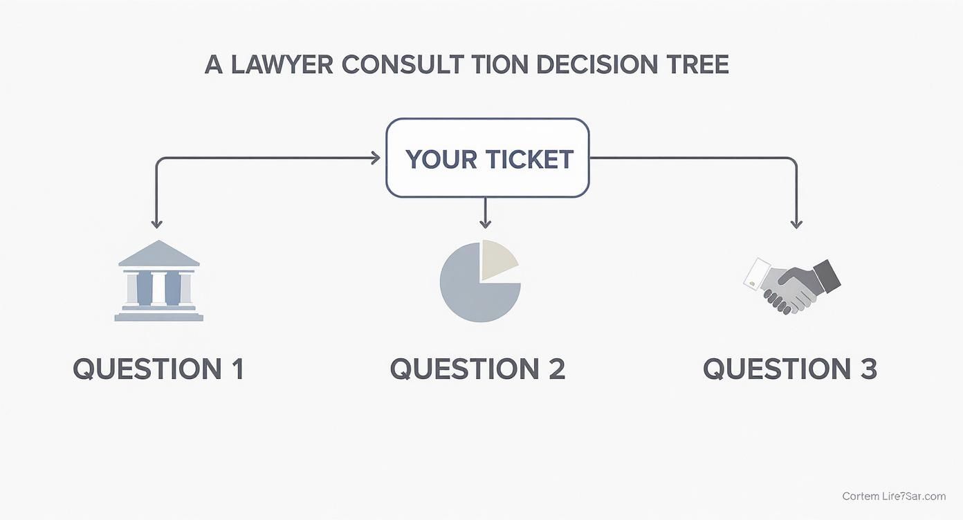 Decision tree illustrating the process of a lawyer consultation for a ticket with three key questions.