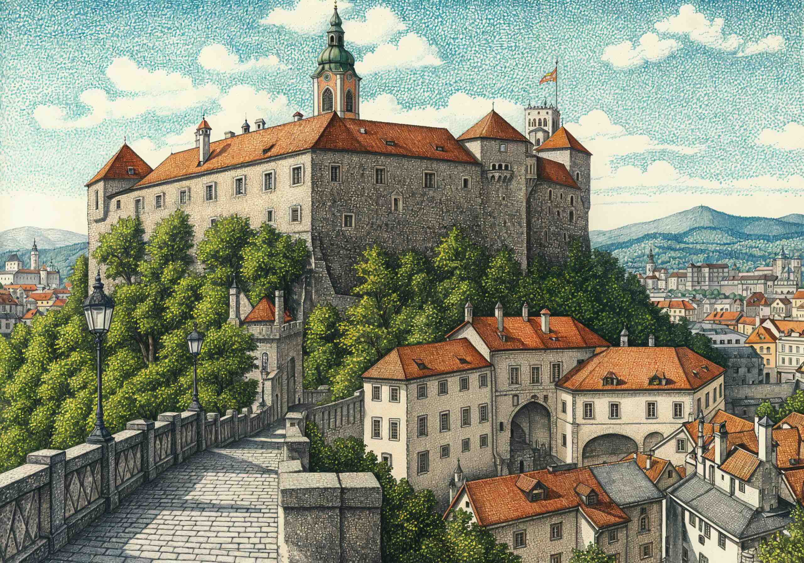 A detailed illustration of Ljubljana Castle in Slovenia, perched on a hill with stone walls, terracotta rooftops, and a scenic view of the city and distant mountains.