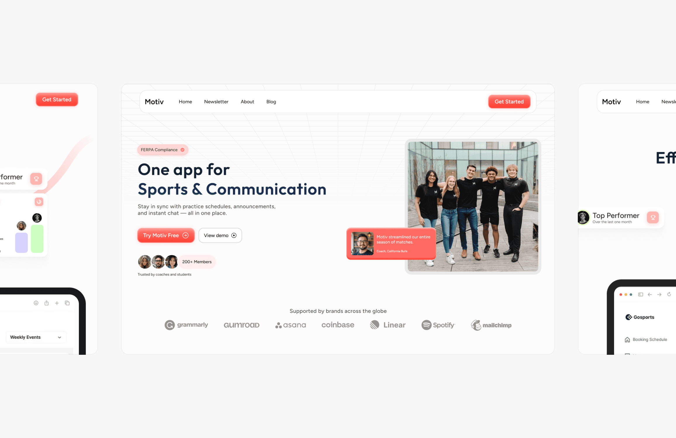 This image showcases a modern website interface for a sports and communication app, featuring a central headline, a group photo on the right, and rounded buttons for navigation.