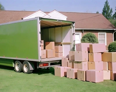 Green moving truck trailer parked on a lawn with a large stack of cardboard boxes outside.