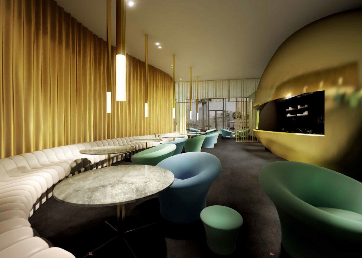 Interior of a contemporary apartment showcasing a large living room and kitchen area, The Pad by OMNIYAT.