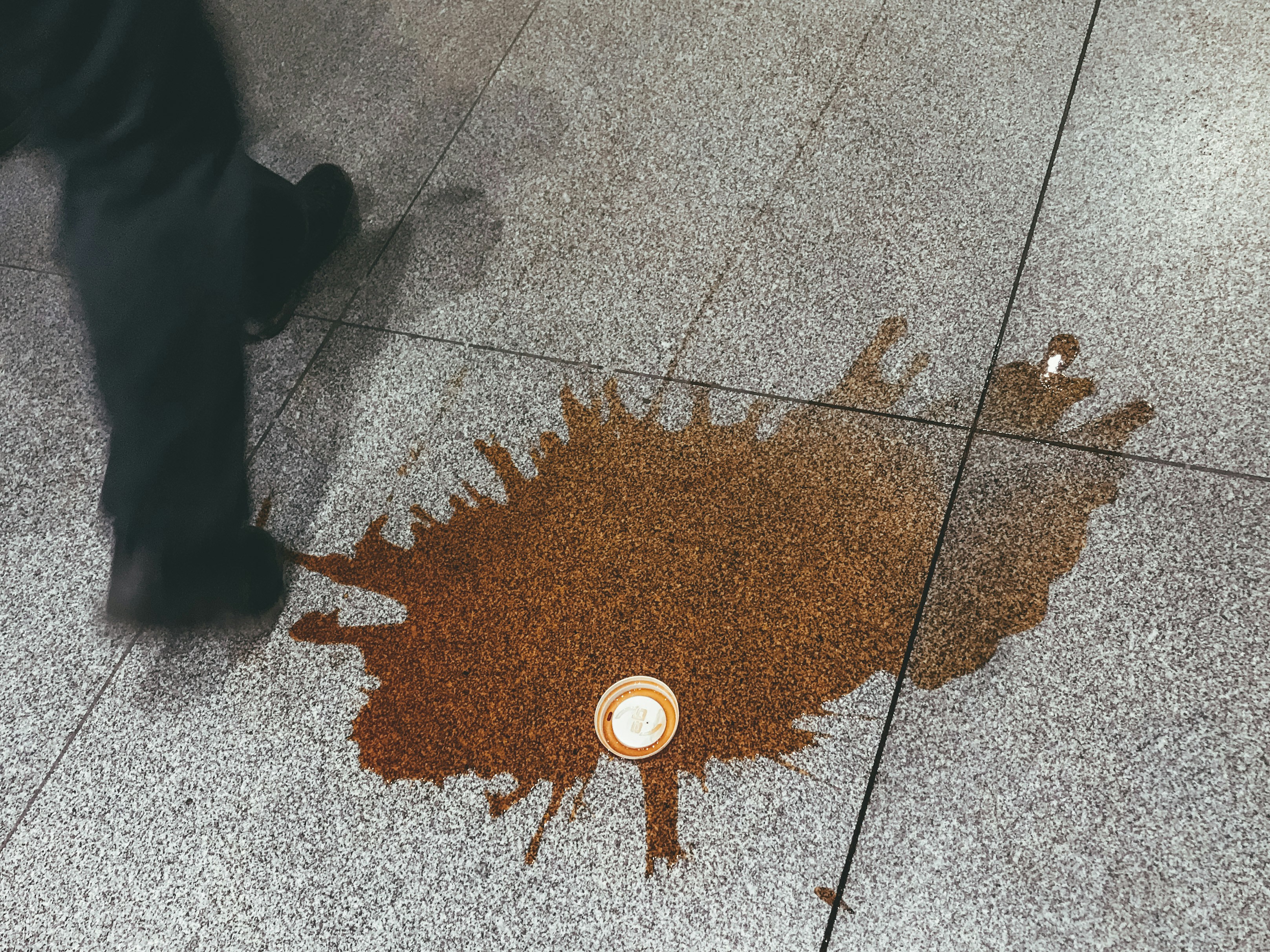 Coffee spilled on a tile floor.