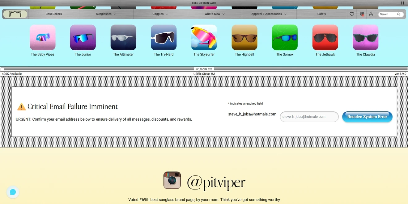 Pit Viper retro computer-style embedded newsletter form with one email field