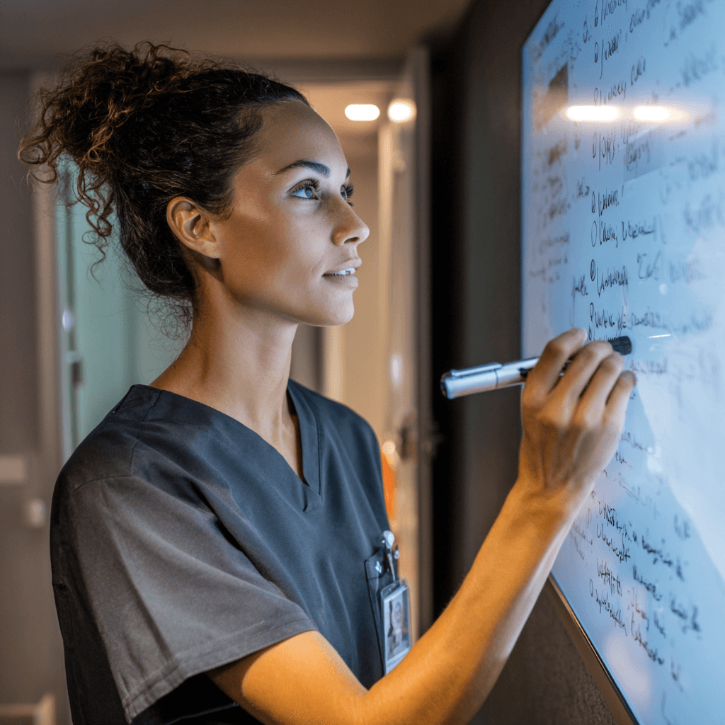 A healthcare professional in scrubs writes on a whiteboard with focus, conveying a sense of concentration and purpose in a clinical setting.