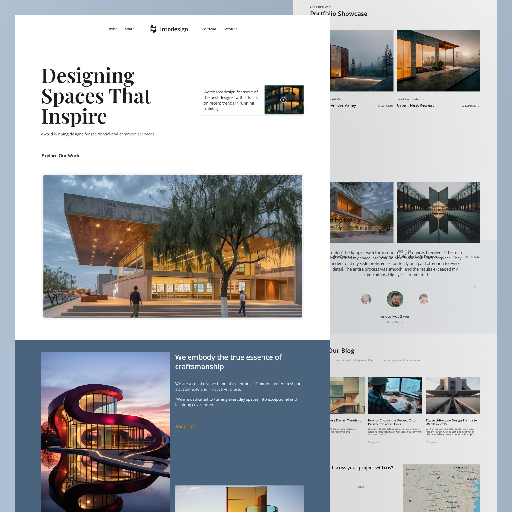 Architecture design studio website UI design — homepage hero screen for Intodesign, portfolio-led layout designed in Figma