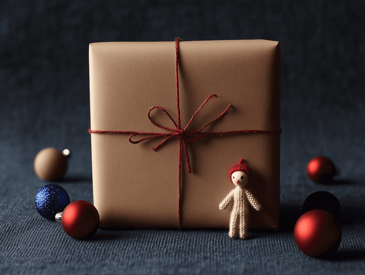 A neatly wrapped gift in brown paper with red twine and a bow is centered on a dark surface, surrounded by colorful baubles and a small knitted doll.