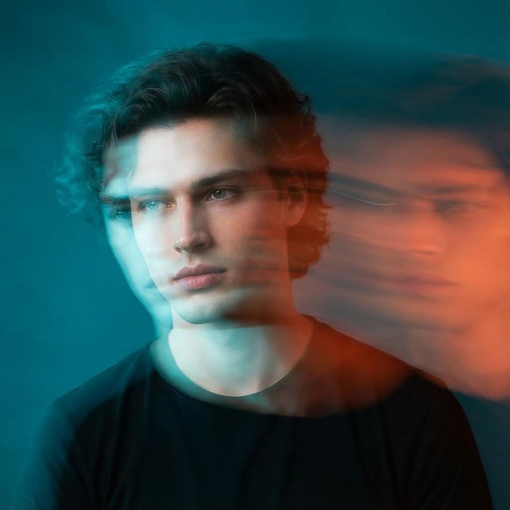 Prompt: "An emotionally charged conceptual portrait showing a man caught in mid-thought, surrounded by ethereal blurs of light. The contrast between cool-toned cyan and warm reddish-orange background evokes an inner conflict or duality.The use of long exposure adds an artistic abstraction, making it feel like the image is melting between reality and dream."