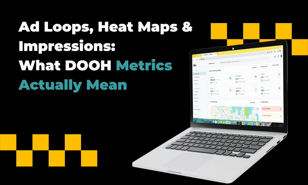 DOOH metrics overview showing ad loops, heat maps, and impressions on a digital advertising dashboard.