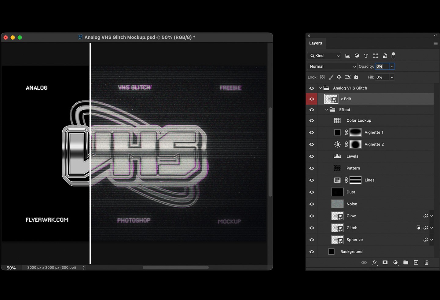 Photoshop workspace view showing the Analog VHS Glitch Mockup layers for dust noise glow and chromatic aberration