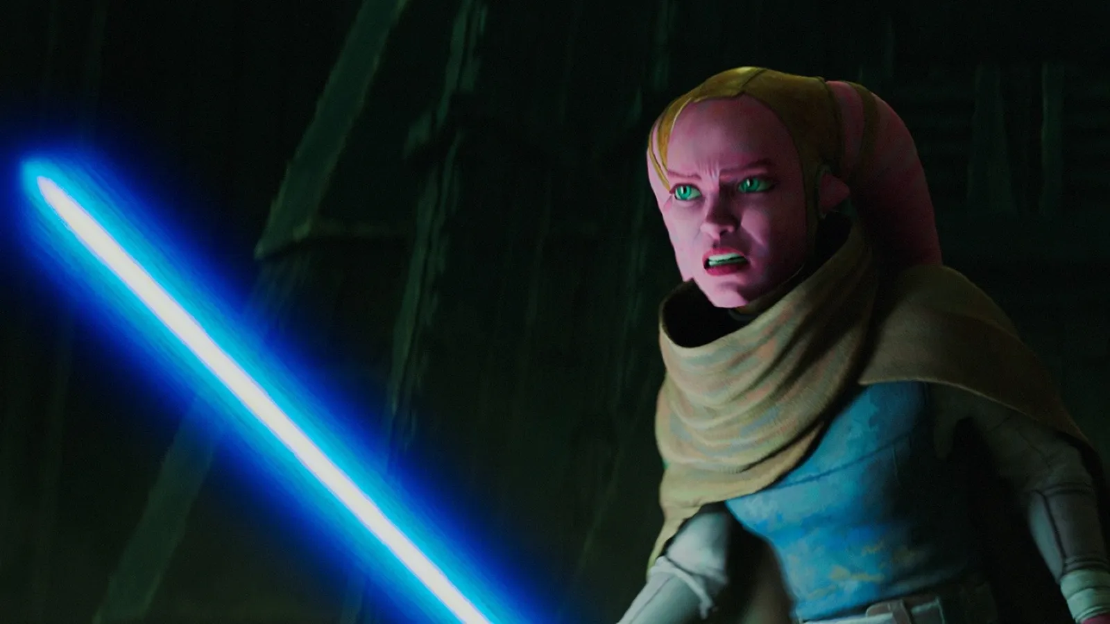 A fierce animated character with pink skin and a determined expression wields a glowing blue lightsaber, set against a dimly lit, mysterious background.