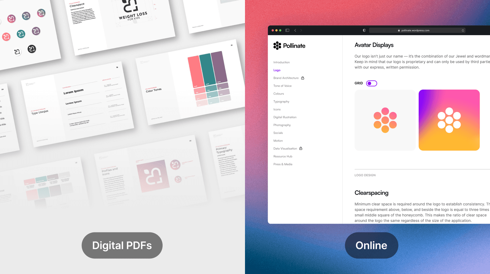 side by side comparison of digital PDFs and online brand guidelines 