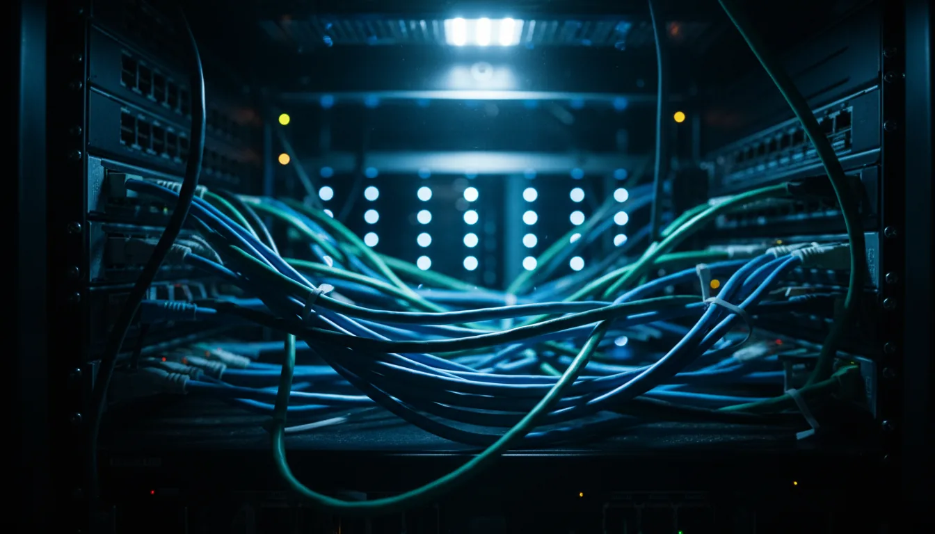 DSLR photograph, a low-angle shot looking up from inside a server rack, revealing a dense and chaotic tangle of blue, green, and black ethernet cables. Cinematic contrast lighting with a cool blue ambient glow emanating from the server equipment, creating deep shadows. The focus is sharp on the messy network cables in the foreground, with a shallow depth of field and a soft bokeh background showing distant blinking server lights.