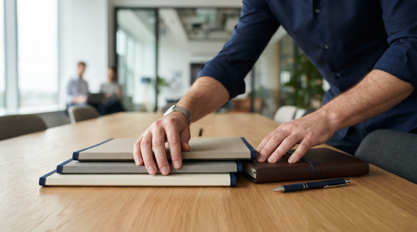 Organized professional workspace with folders and notebook